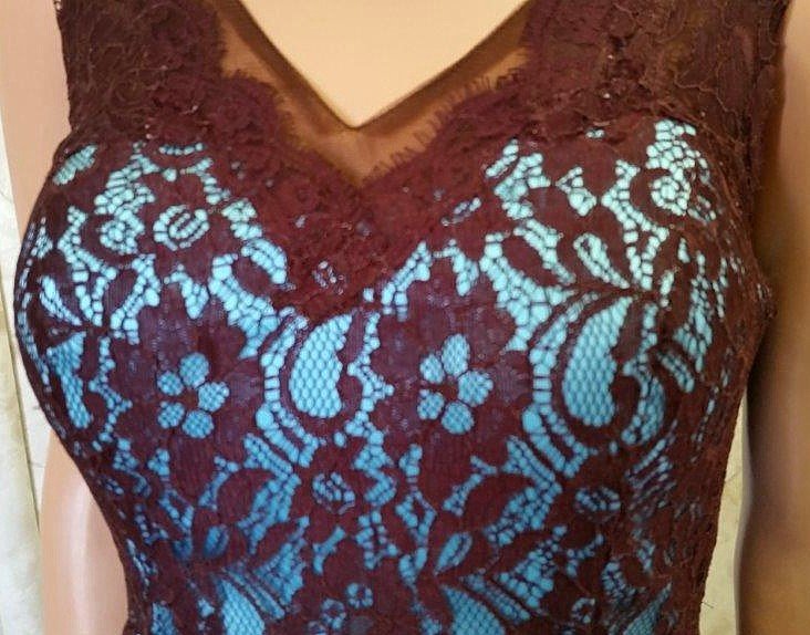 brown and blue lace high low dress
